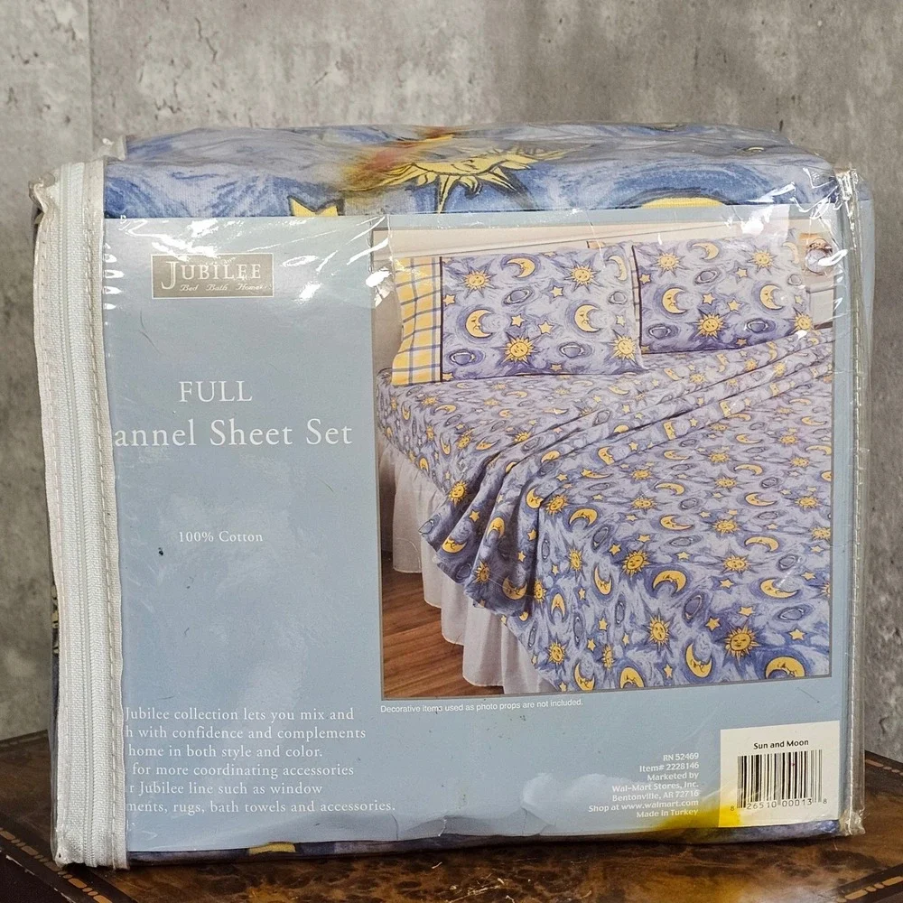 Vintage Jubilee Celestial Sun Moon Flannel Sheet Set Full Cotton‎ Y2K NOS Whimsy